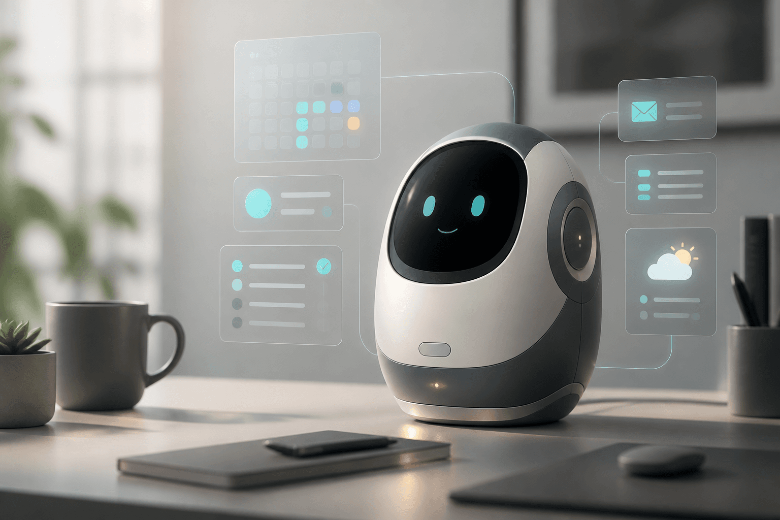Robot Madrugo en un escritorio con paneles de agenda, correo, tareas y tiempo